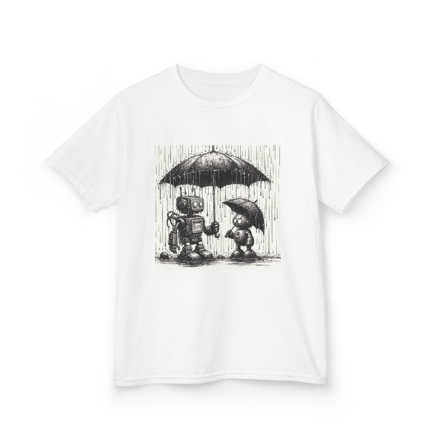 Kids Tee, Cute Robot in Rainy Day, Children's T-Shirt, Fun Kids Shirt, Playful Youth Apparel, Robot Graphic Tee