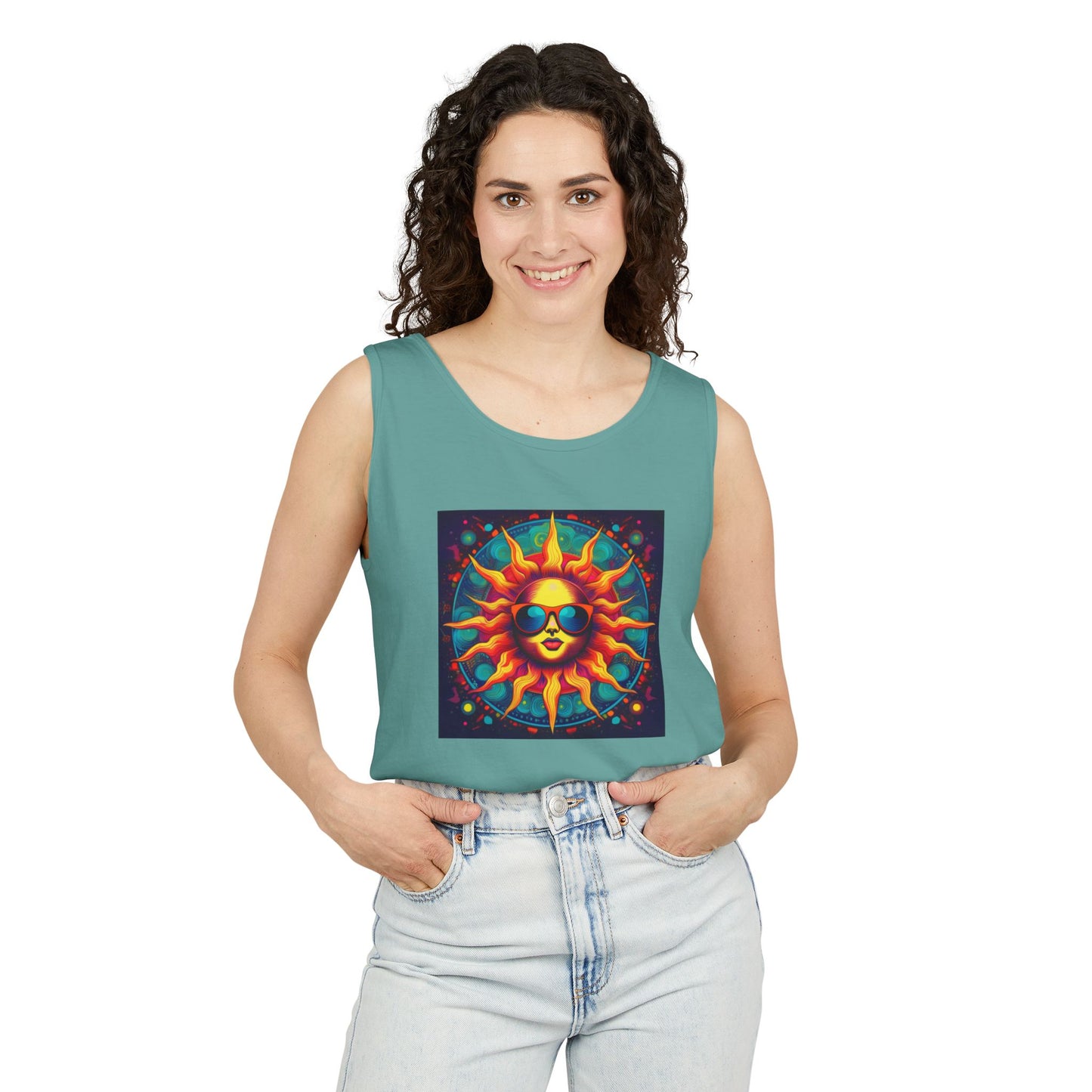Sun-Inspired Unisex Garment-Dyed Tank Top, Boho Summer Shirt, Festival Wear, Sunscreen Beach Top, Yoga & Meditation Apparel