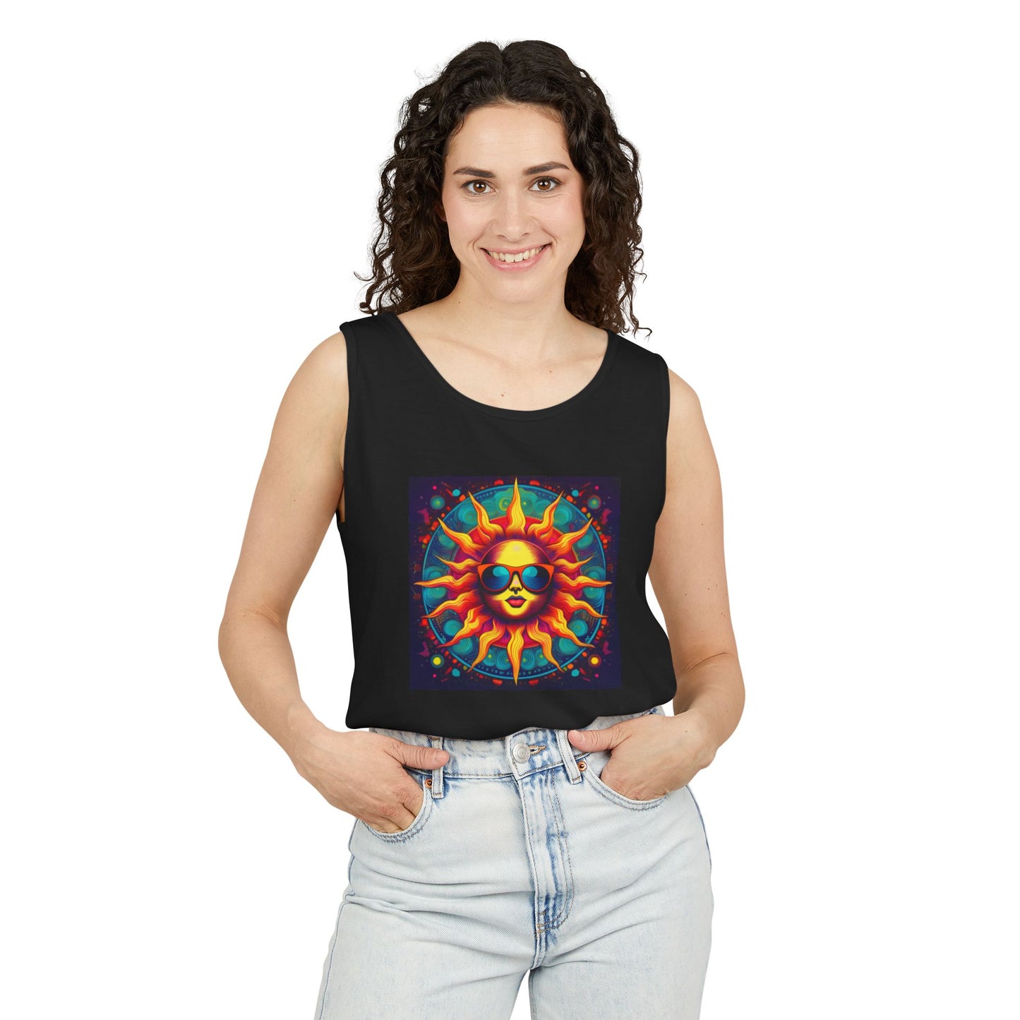 Sun-Inspired Unisex Garment-Dyed Tank Top, Boho Summer Shirt, Festival Wear, Sunscreen Beach Top, Yoga & Meditation Apparel