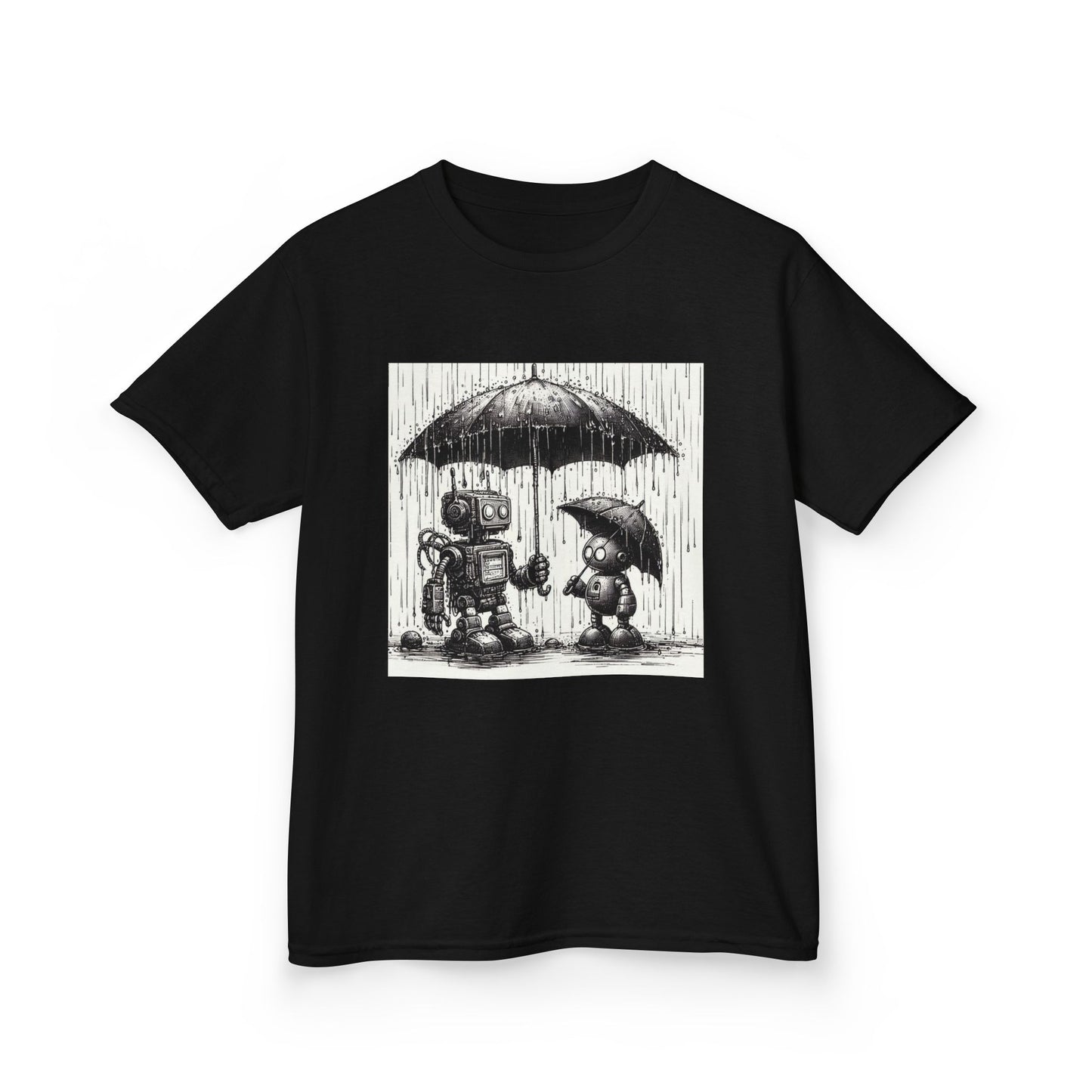 Kids Tee, Cute Robot in Rainy Day, Children's T-Shirt, Fun Kids Shirt, Playful Youth Apparel, Robot Graphic Tee