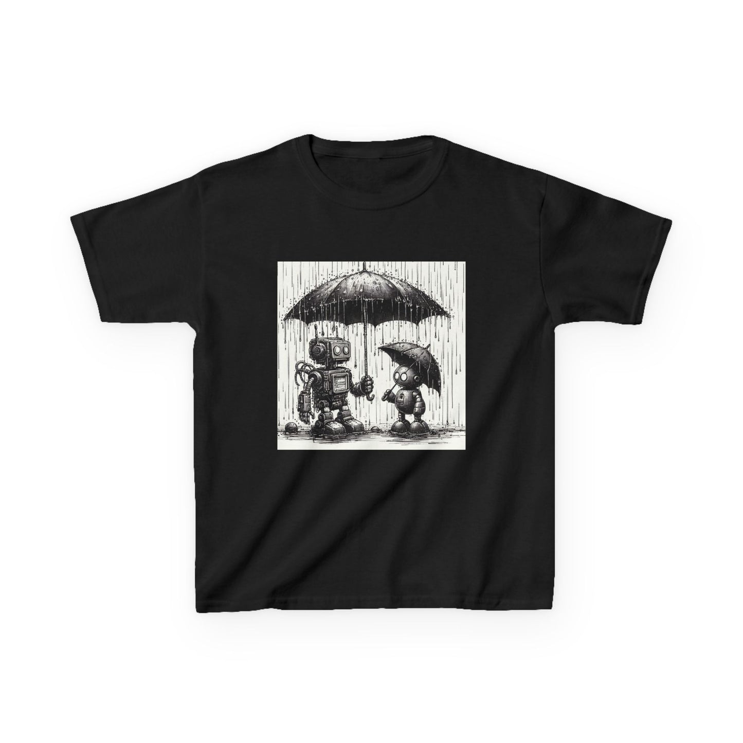 Kids Tee, Cute Robot in Rainy Day, Children's T-Shirt, Fun Kids Shirt, Playful Youth Apparel, Robot Graphic Tee