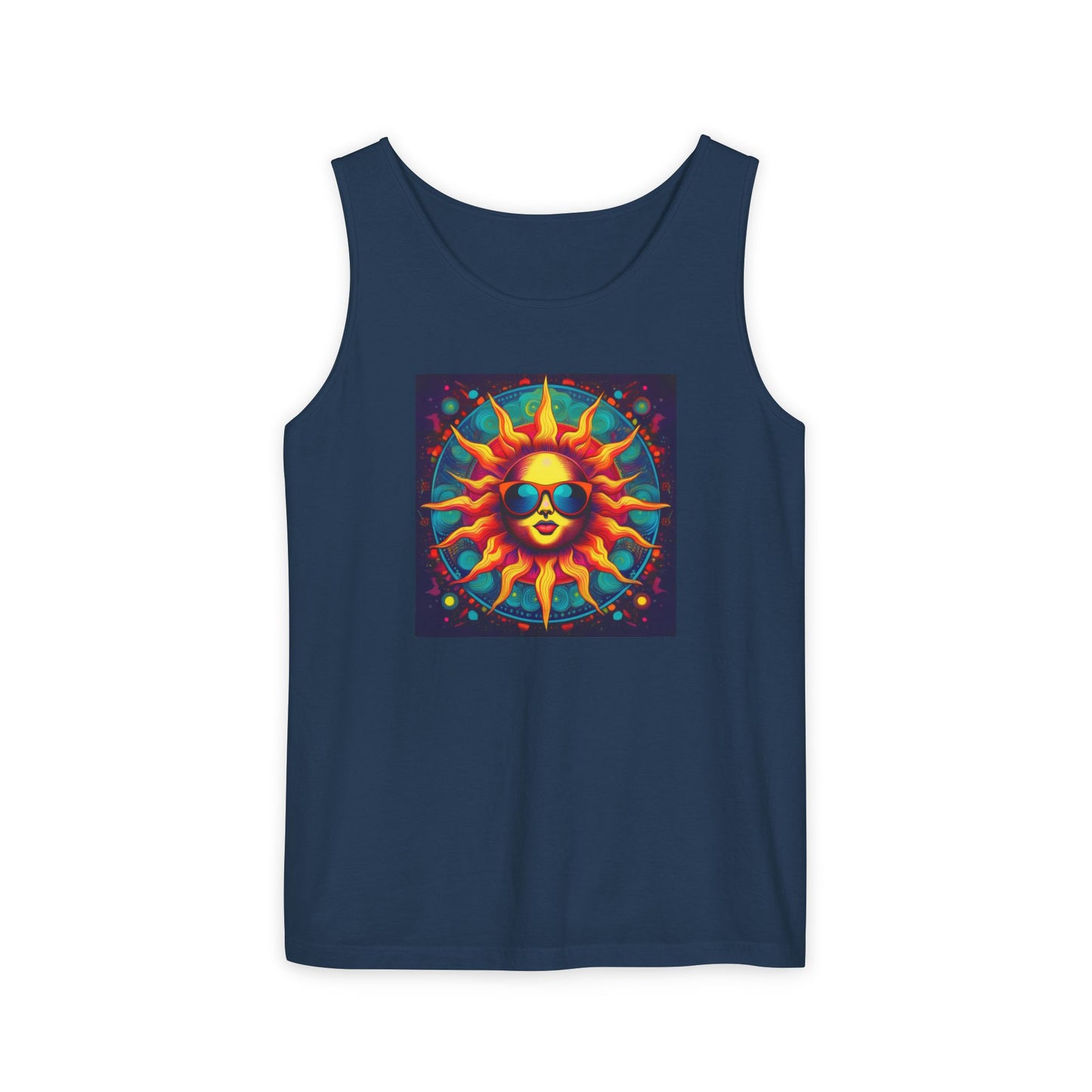 Sun-Inspired Unisex Garment-Dyed Tank Top, Boho Summer Shirt, Festival Wear, Sunscreen Beach Top, Yoga & Meditation Apparel