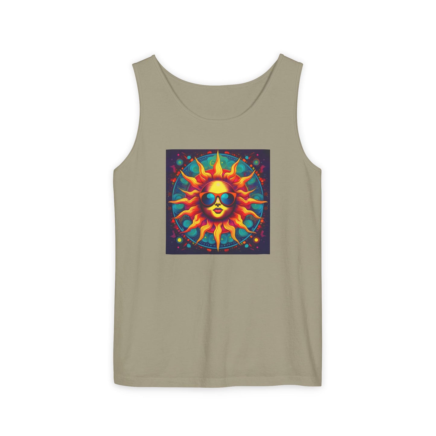Sun-Inspired Unisex Garment-Dyed Tank Top, Boho Summer Shirt, Festival Wear, Sunscreen Beach Top, Yoga & Meditation Apparel