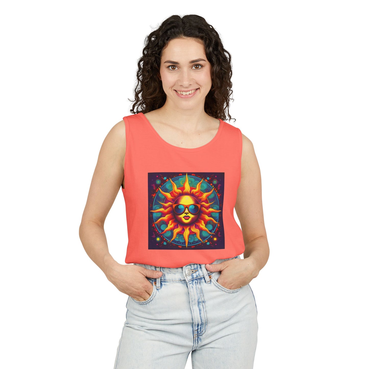 Sun-Inspired Unisex Garment-Dyed Tank Top, Boho Summer Shirt, Festival Wear, Sunscreen Beach Top, Yoga & Meditation Apparel