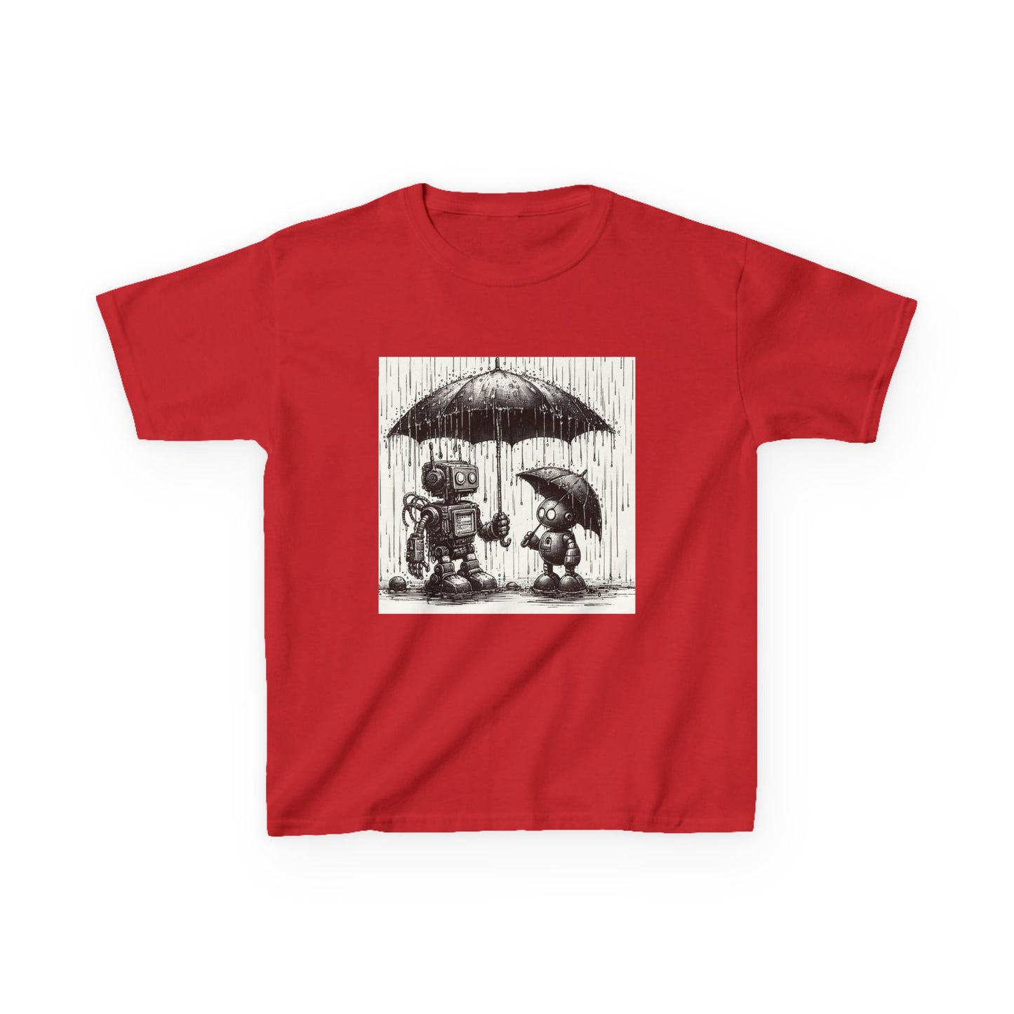 Kids Tee, Cute Robot in Rainy Day, Children's T-Shirt, Fun Kids Shirt, Playful Youth Apparel, Robot Graphic Tee
