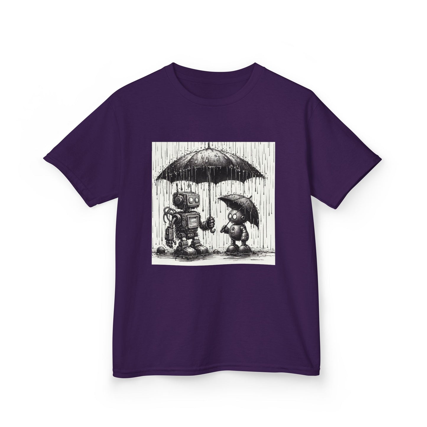Kids Tee, Cute Robot in Rainy Day, Children's T-Shirt, Fun Kids Shirt, Playful Youth Apparel, Robot Graphic Tee