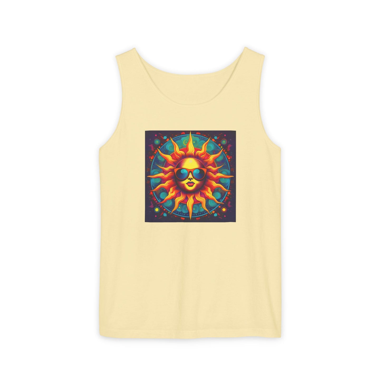 Sun-Inspired Unisex Garment-Dyed Tank Top, Boho Summer Shirt, Festival Wear, Sunscreen Beach Top, Yoga & Meditation Apparel