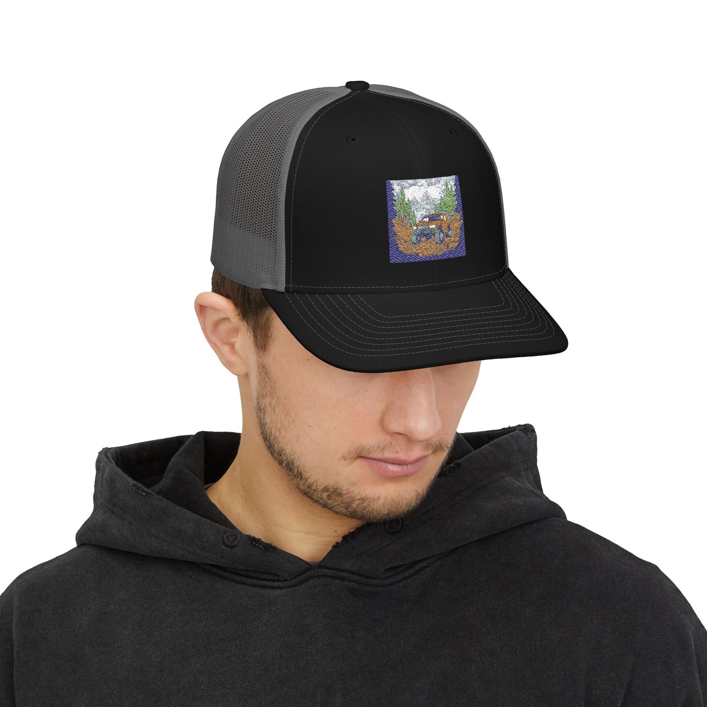 Red ORV Adventure-Themed Snapback Trucker Cap with Embroidered Design