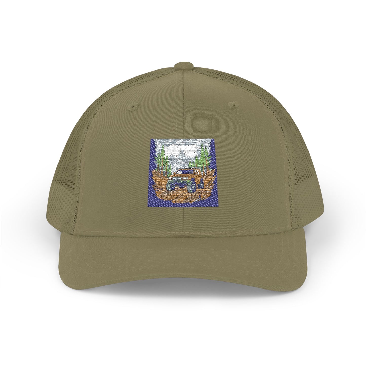 Red ORV Adventure-Themed Snapback Trucker Cap with Embroidered Design