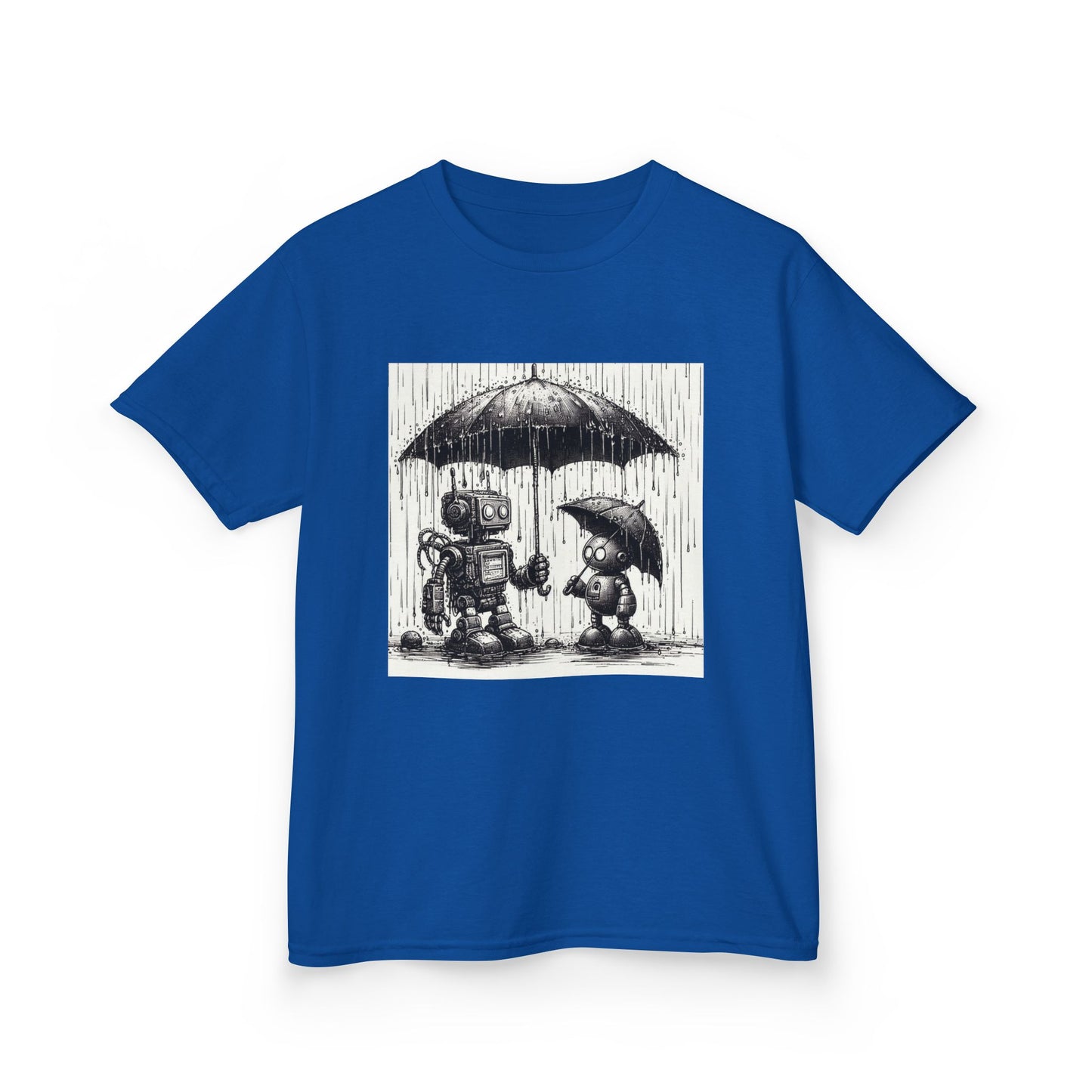 Kids Tee, Cute Robot in Rainy Day, Children's T-Shirt, Fun Kids Shirt, Playful Youth Apparel, Robot Graphic Tee