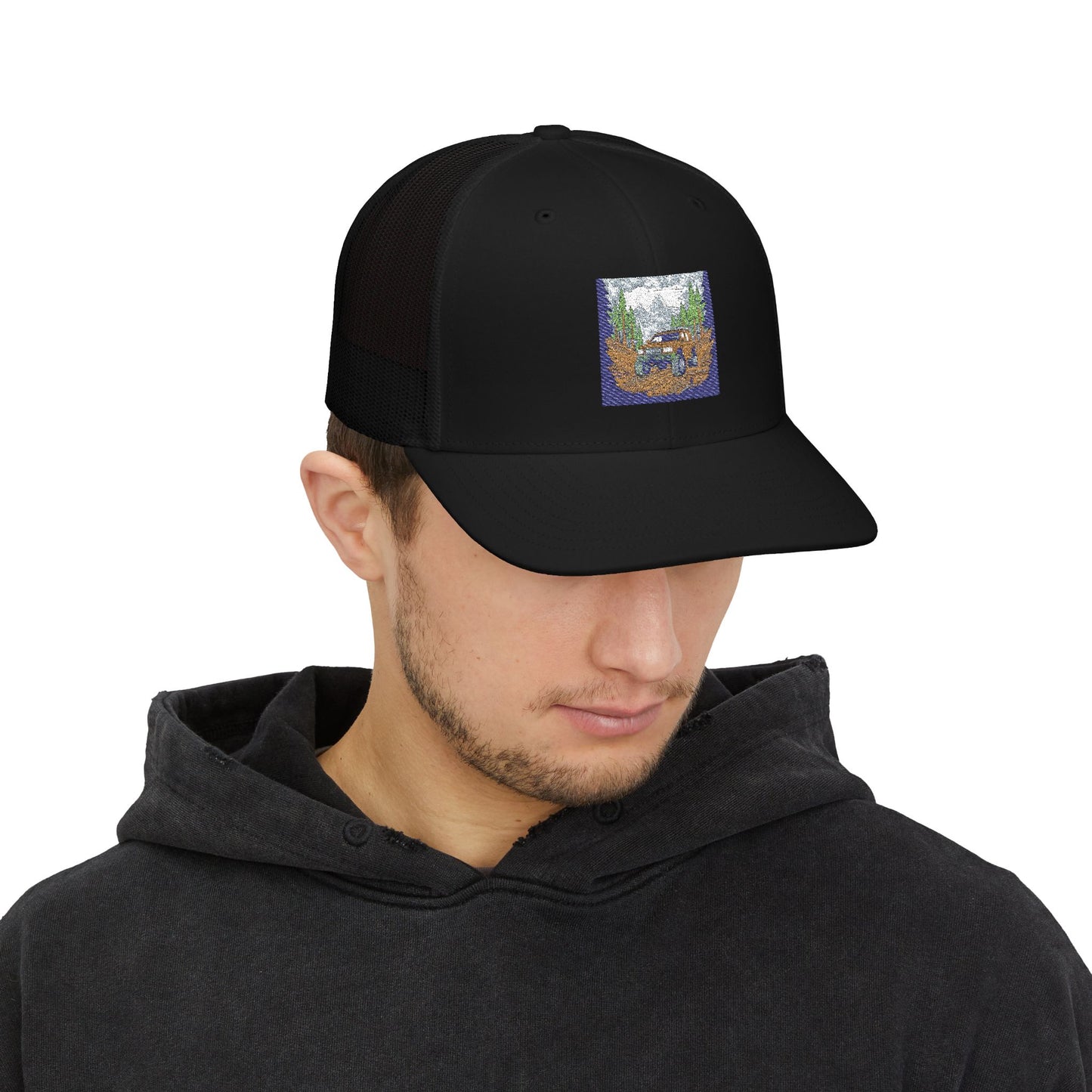 Red ORV Adventure-Themed Snapback Trucker Cap with Embroidered Design