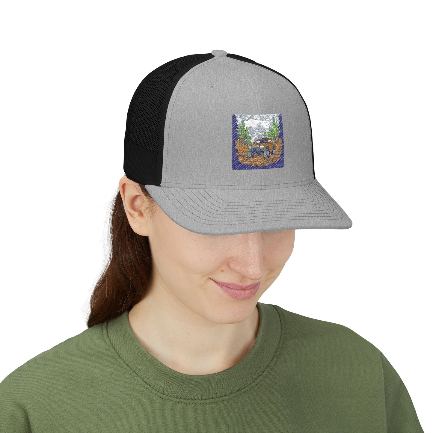Red ORV Adventure-Themed Snapback Trucker Cap with Embroidered Design