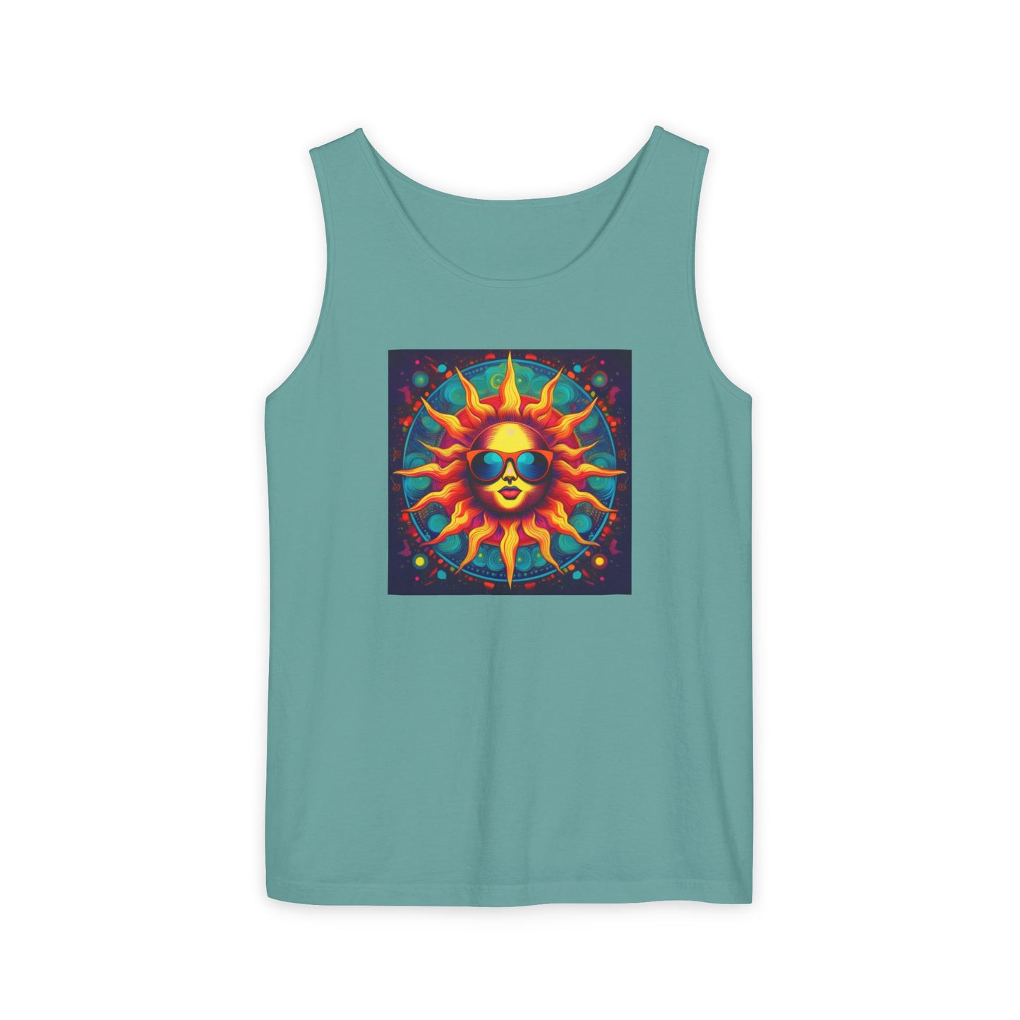 Sun-Inspired Unisex Garment-Dyed Tank Top, Boho Summer Shirt, Festival Wear, Sunscreen Beach Top, Yoga & Meditation Apparel