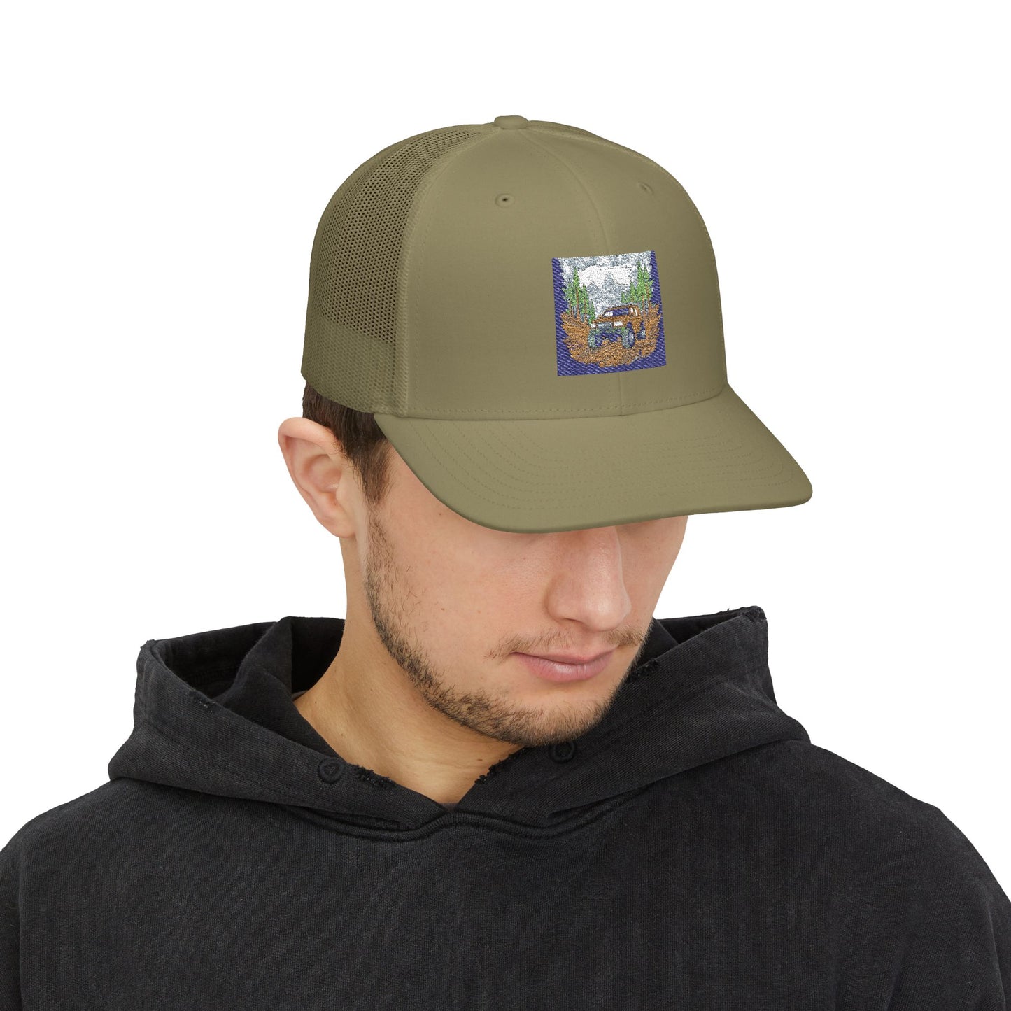 Red ORV Adventure-Themed Snapback Trucker Cap with Embroidered Design