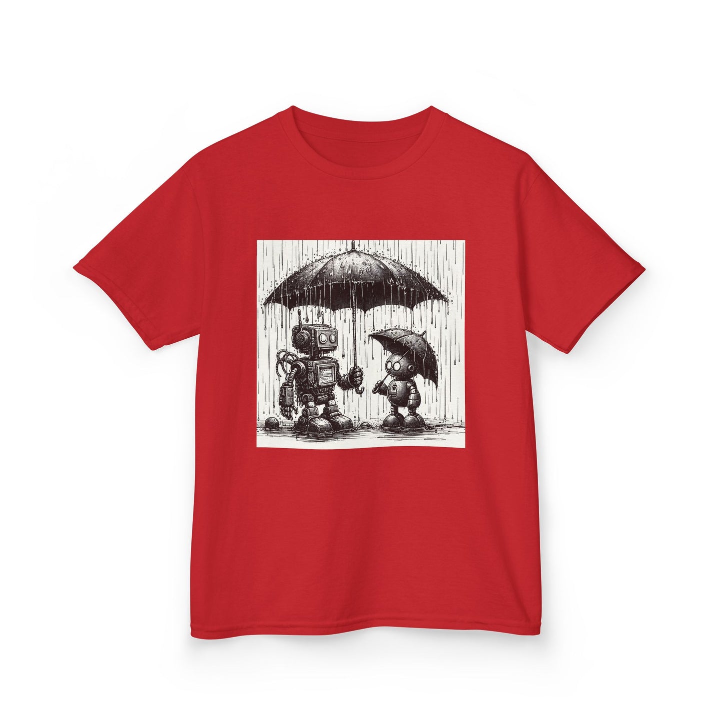 Kids Tee, Cute Robot in Rainy Day, Children's T-Shirt, Fun Kids Shirt, Playful Youth Apparel, Robot Graphic Tee
