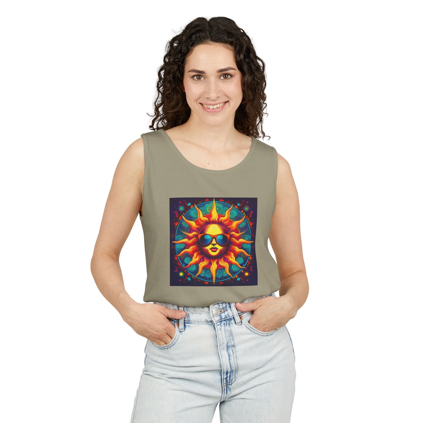 Sun-Inspired Unisex Garment-Dyed Tank Top, Boho Summer Shirt, Festival Wear, Sunscreen Beach Top, Yoga & Meditation Apparel