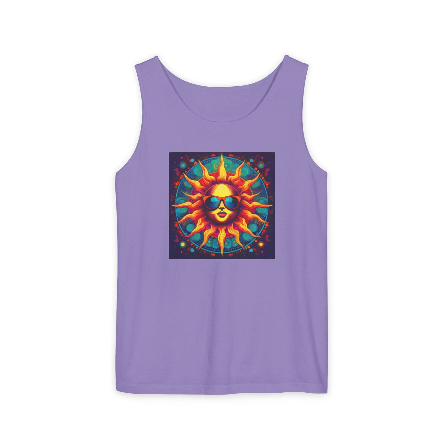 Sun-Inspired Unisex Garment-Dyed Tank Top, Boho Summer Shirt, Festival Wear, Sunscreen Beach Top, Yoga & Meditation Apparel