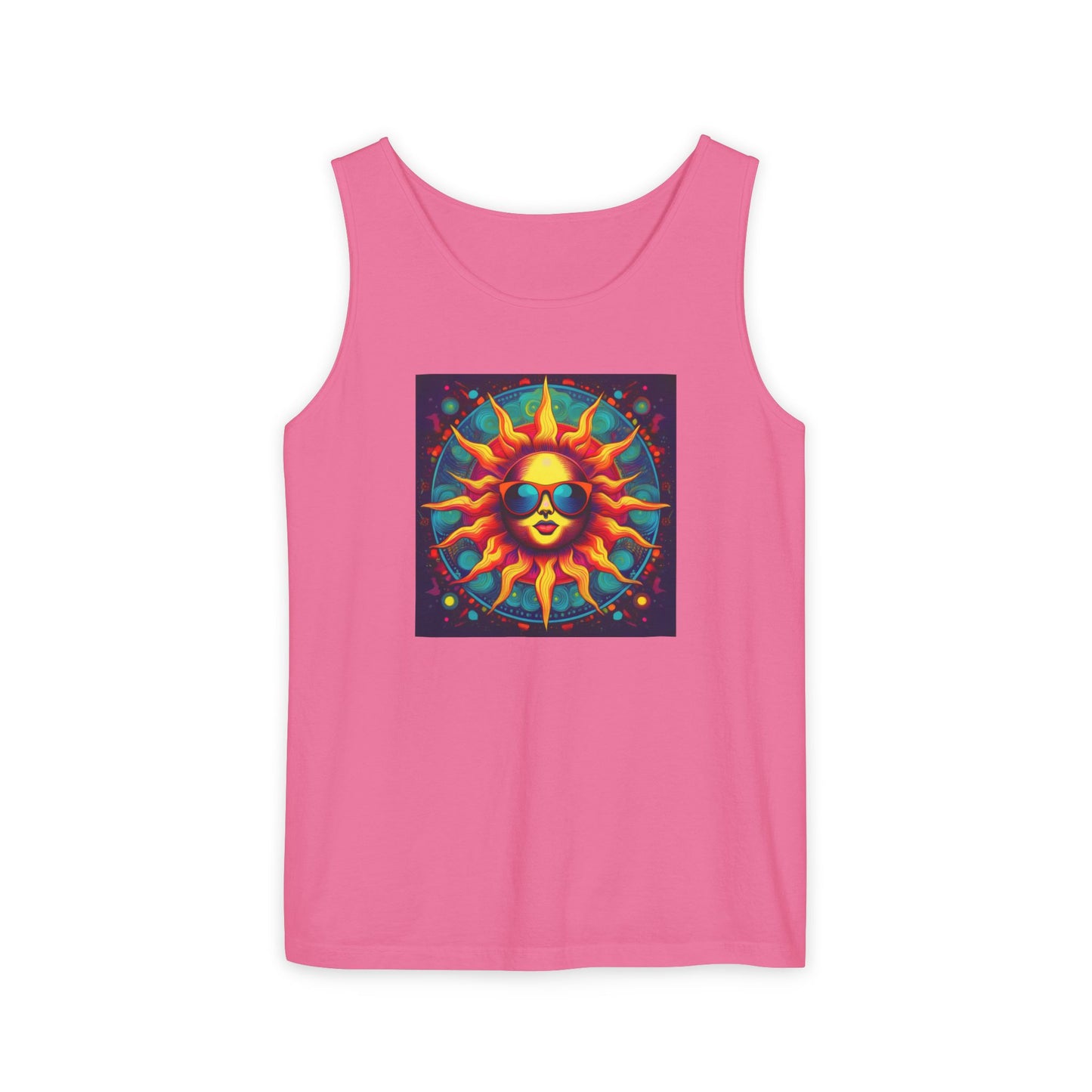 Sun-Inspired Unisex Garment-Dyed Tank Top, Boho Summer Shirt, Festival Wear, Sunscreen Beach Top, Yoga & Meditation Apparel