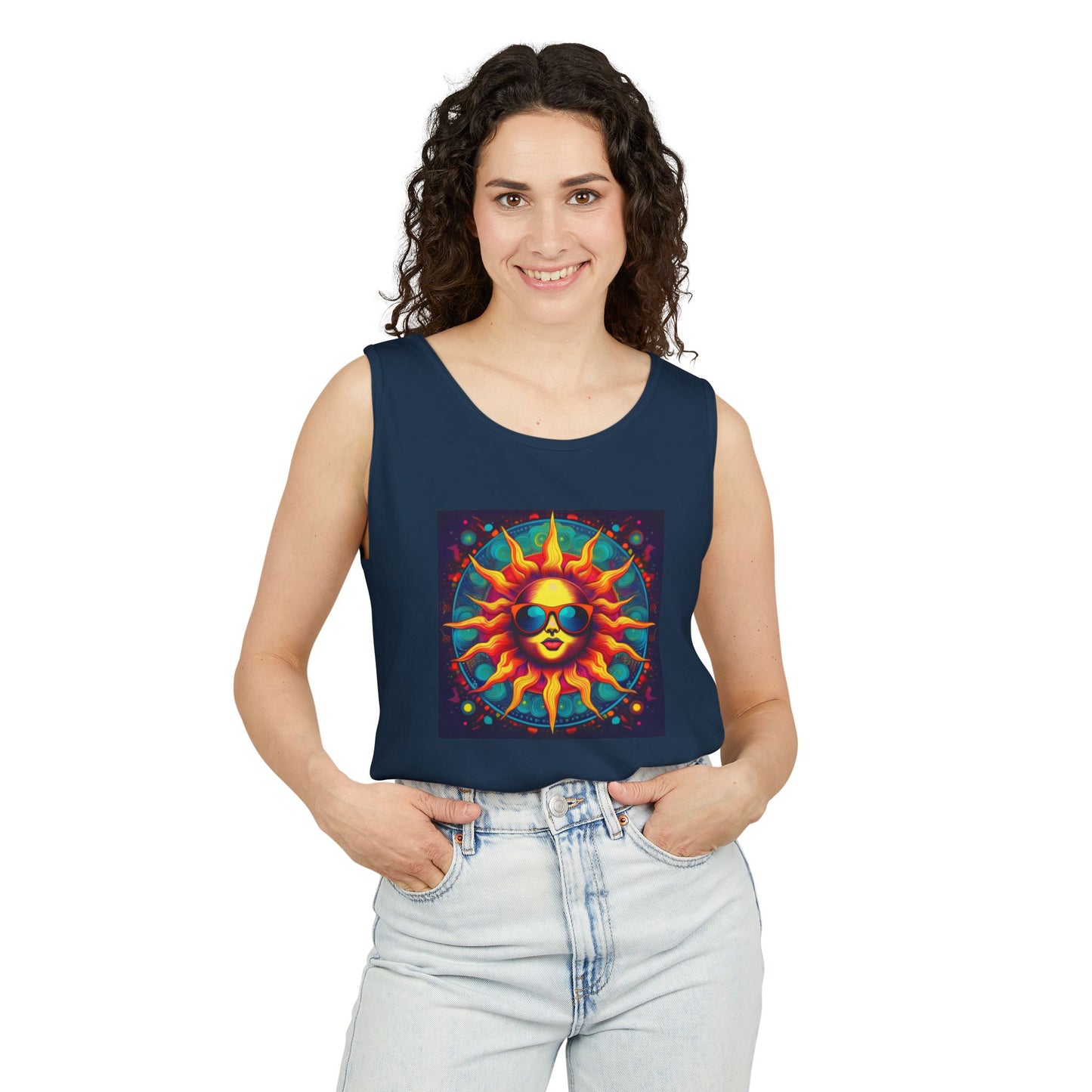 Sun-Inspired Unisex Garment-Dyed Tank Top, Boho Summer Shirt, Festival Wear, Sunscreen Beach Top, Yoga & Meditation Apparel