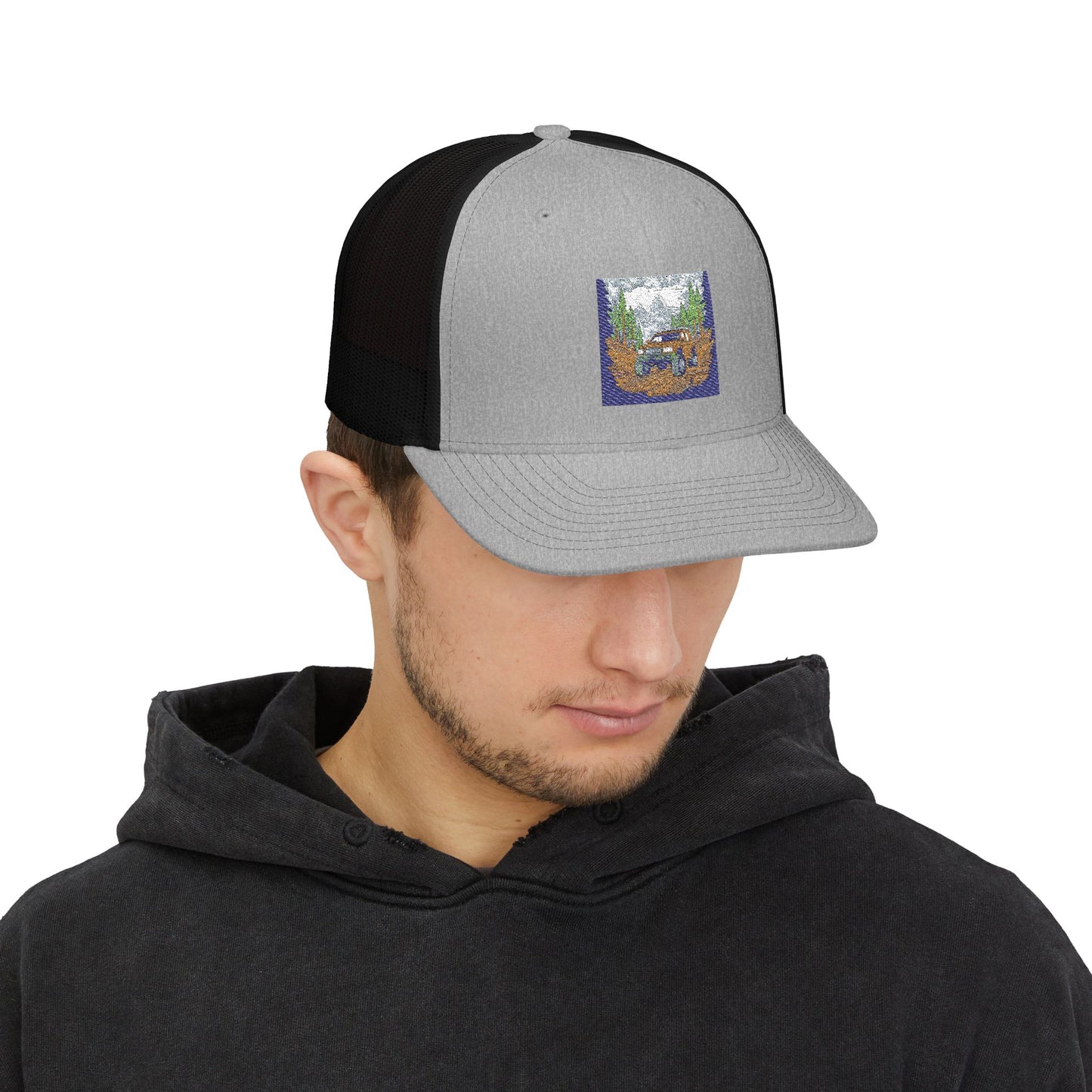 Red ORV Adventure-Themed Snapback Trucker Cap with Embroidered Design