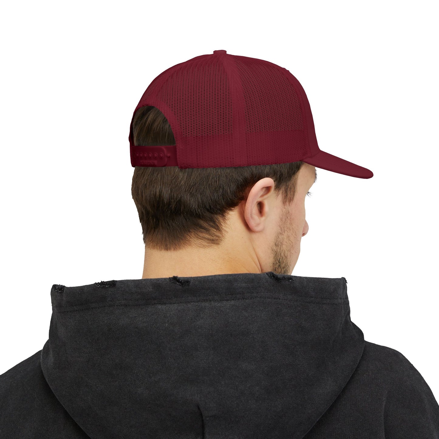 Red ORV Adventure-Themed Snapback Trucker Cap with Embroidered Design