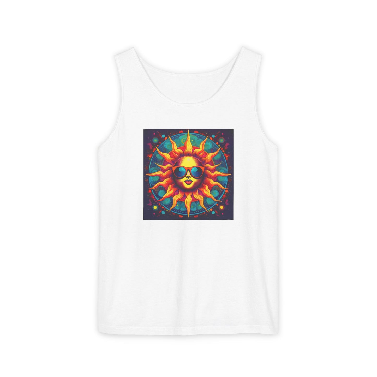 Sun-Inspired Unisex Garment-Dyed Tank Top, Boho Summer Shirt, Festival Wear, Sunscreen Beach Top, Yoga & Meditation Apparel