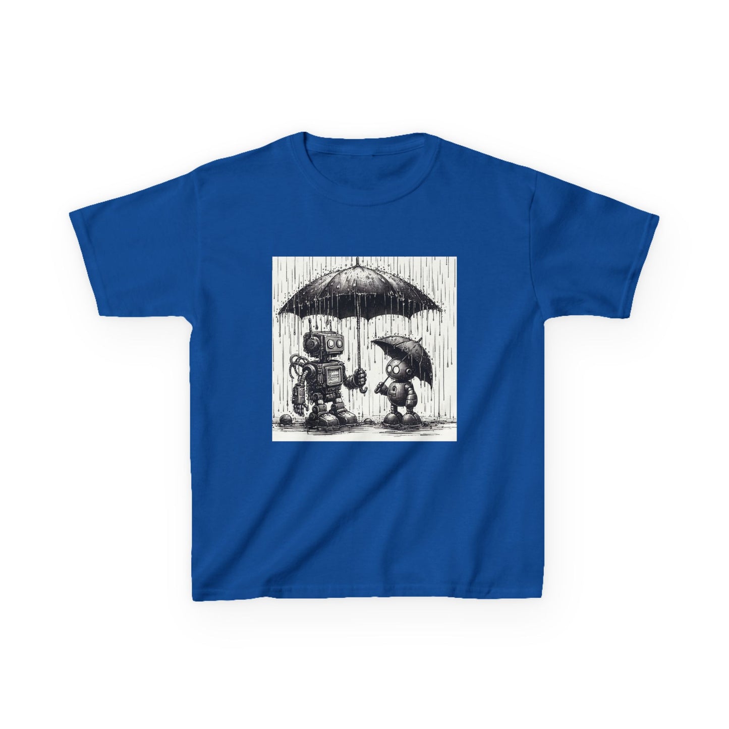 Kids Tee, Cute Robot in Rainy Day, Children's T-Shirt, Fun Kids Shirt, Playful Youth Apparel, Robot Graphic Tee