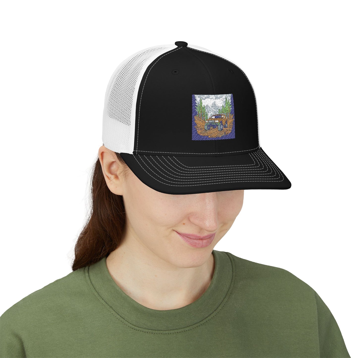 Red ORV Adventure-Themed Snapback Trucker Cap with Embroidered Design