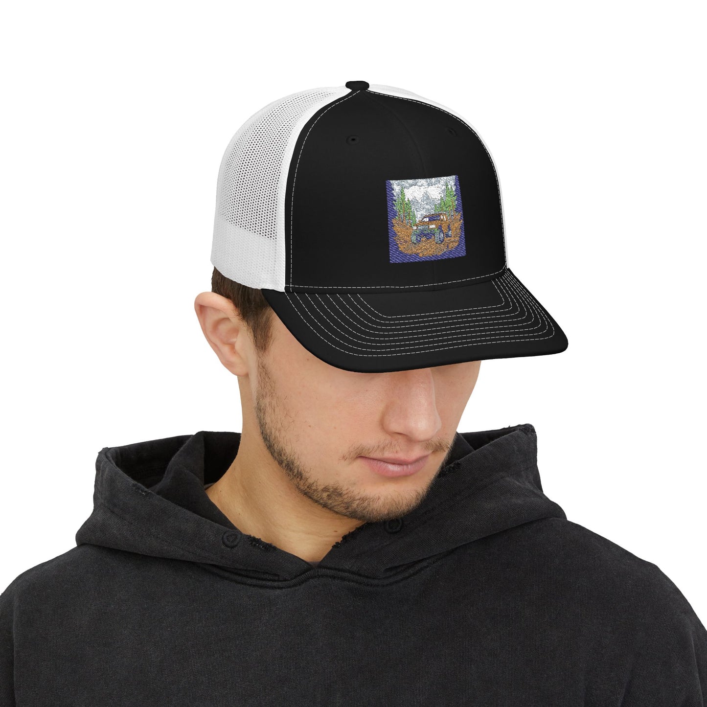 Red ORV Adventure-Themed Snapback Trucker Cap with Embroidered Design