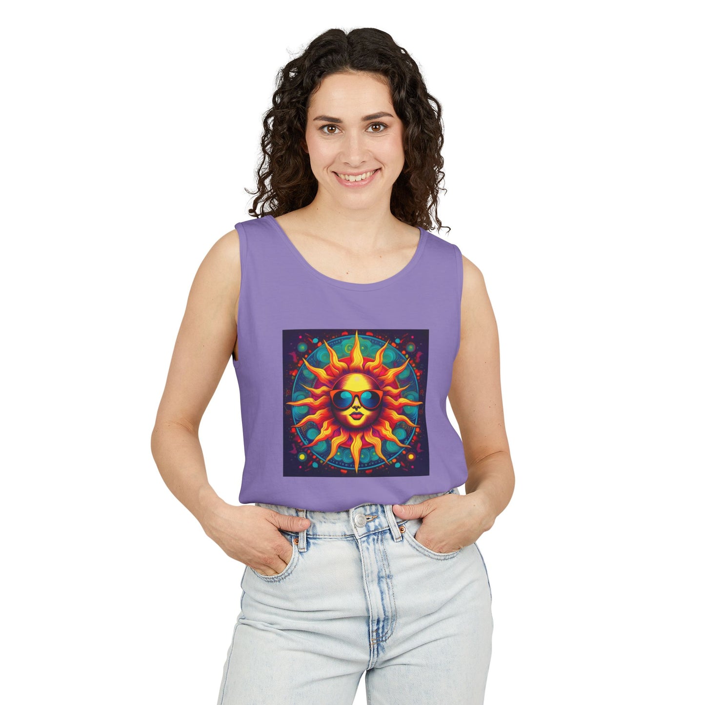 Sun-Inspired Unisex Garment-Dyed Tank Top, Boho Summer Shirt, Festival Wear, Sunscreen Beach Top, Yoga & Meditation Apparel