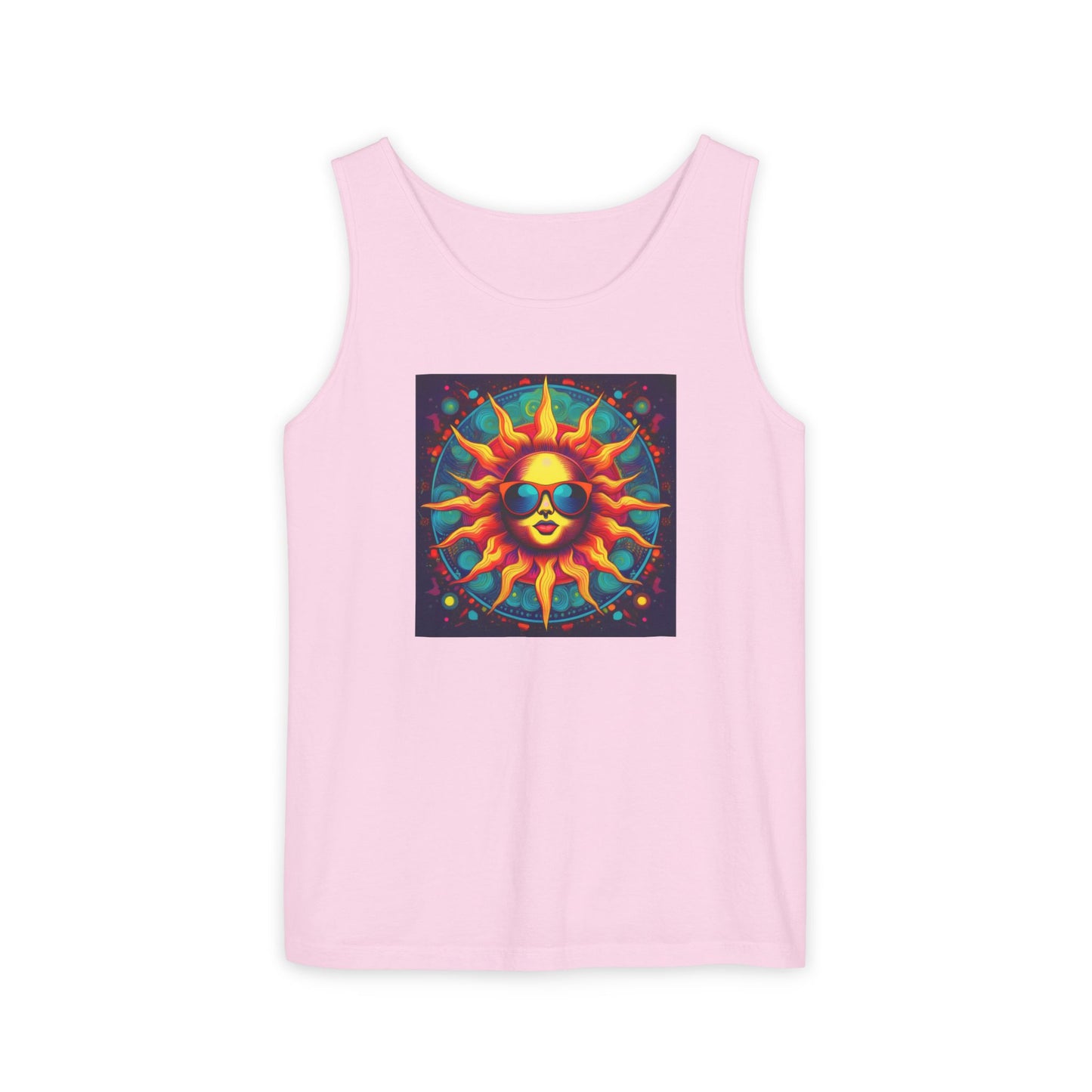 Sun-Inspired Unisex Garment-Dyed Tank Top, Boho Summer Shirt, Festival Wear, Sunscreen Beach Top, Yoga & Meditation Apparel