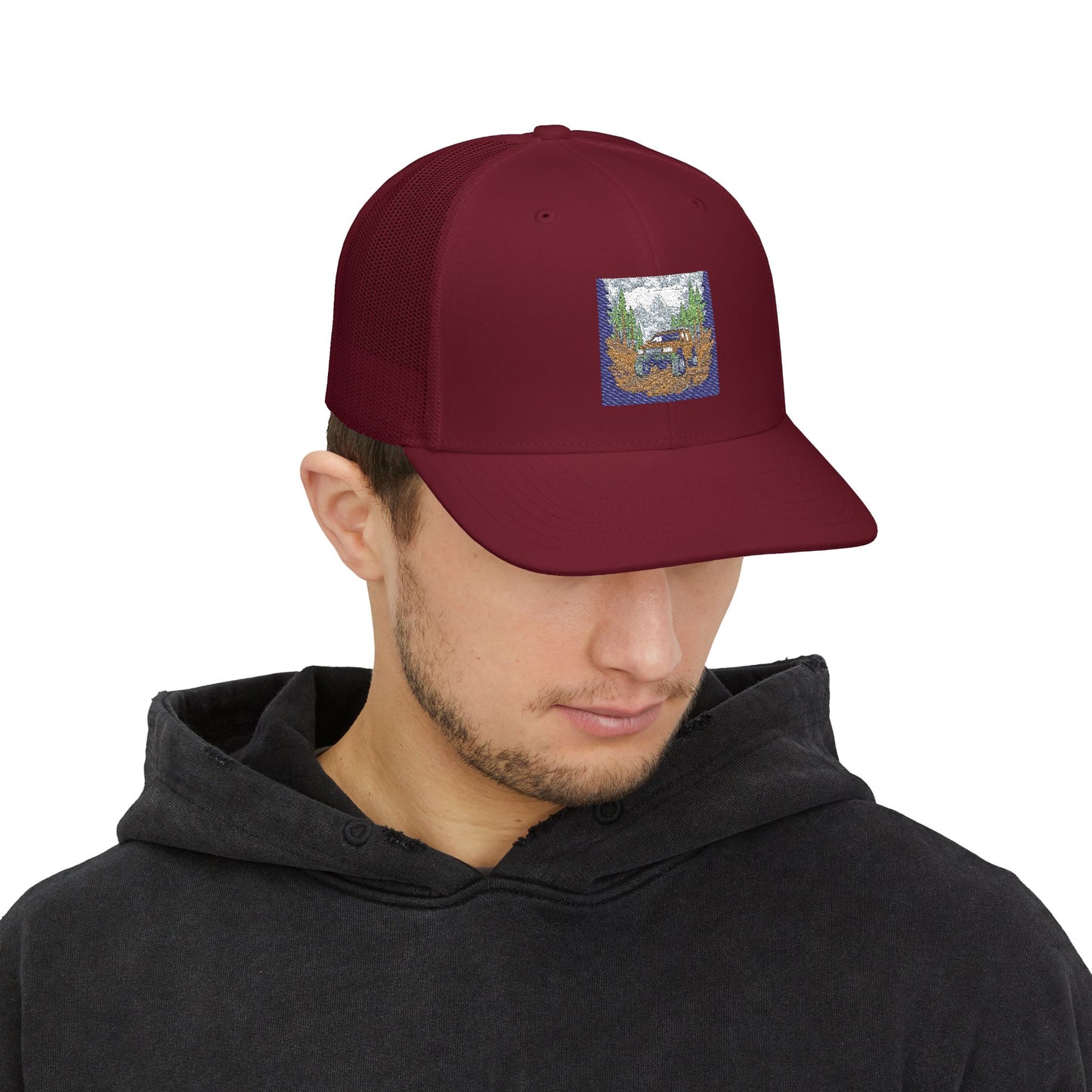 Red ORV Adventure-Themed Snapback Trucker Cap with Embroidered Design