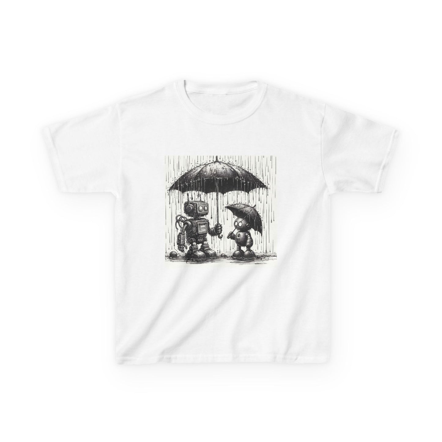 Kids Tee, Cute Robot in Rainy Day, Children's T-Shirt, Fun Kids Shirt, Playful Youth Apparel, Robot Graphic Tee