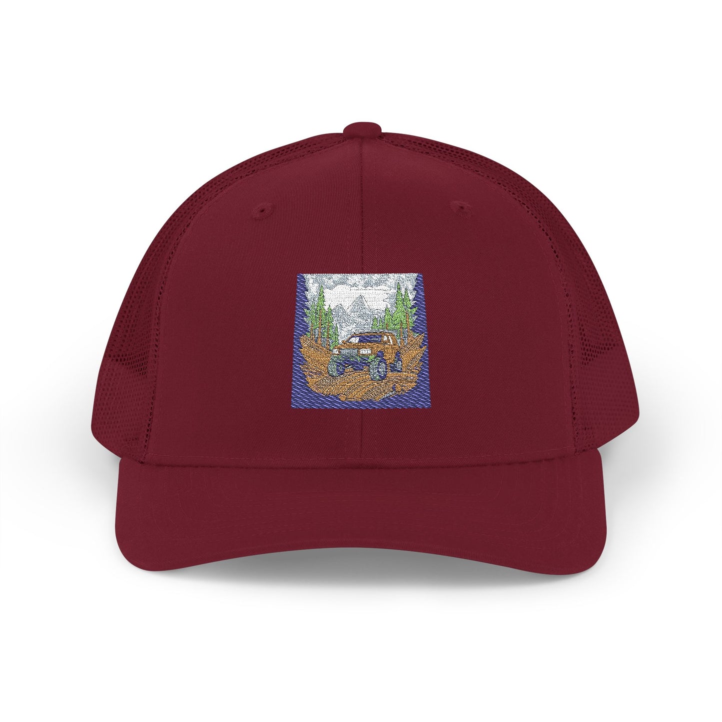 Red ORV Adventure-Themed Snapback Trucker Cap with Embroidered Design