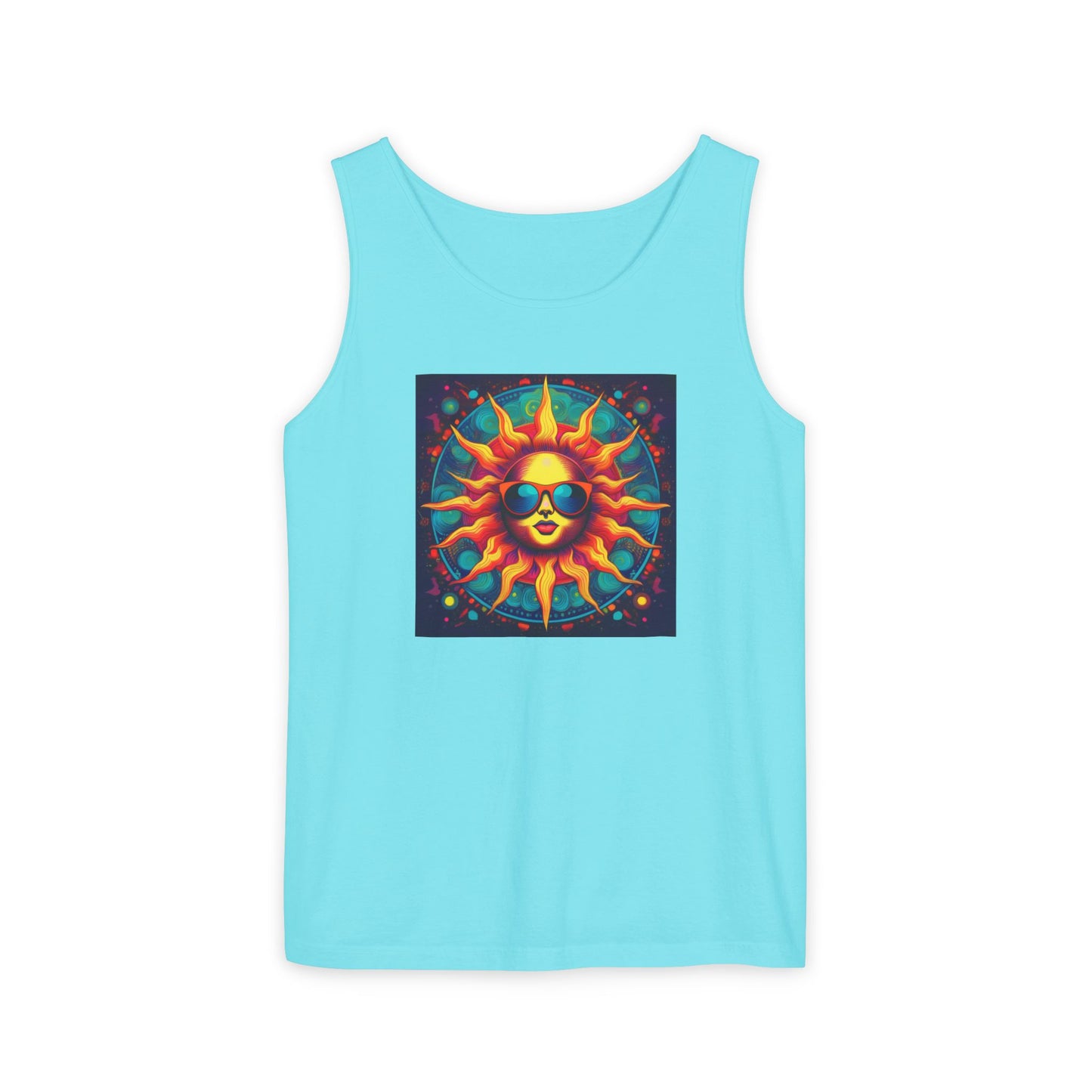 Sun-Inspired Unisex Garment-Dyed Tank Top, Boho Summer Shirt, Festival Wear, Sunscreen Beach Top, Yoga & Meditation Apparel