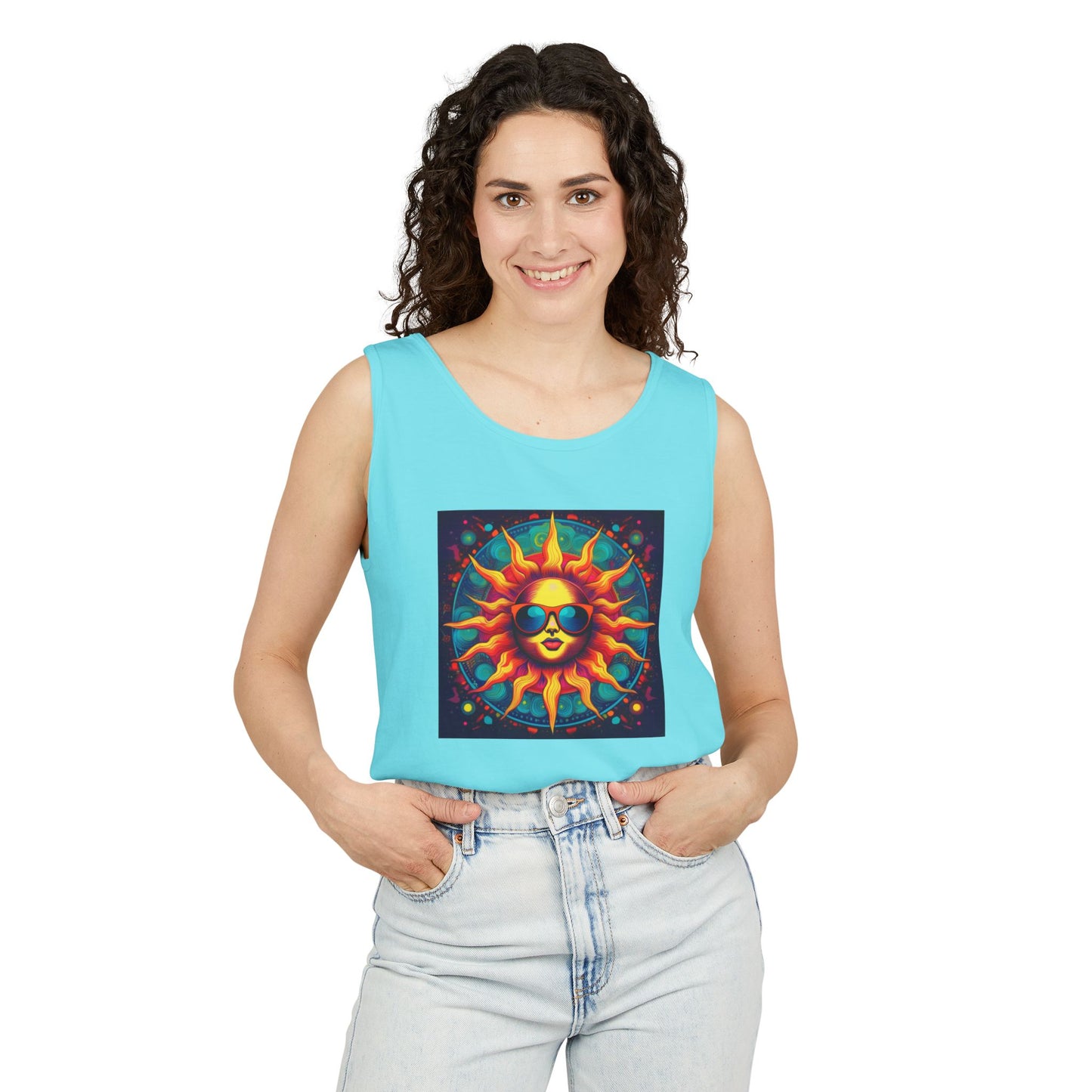 Sun-Inspired Unisex Garment-Dyed Tank Top, Boho Summer Shirt, Festival Wear, Sunscreen Beach Top, Yoga & Meditation Apparel