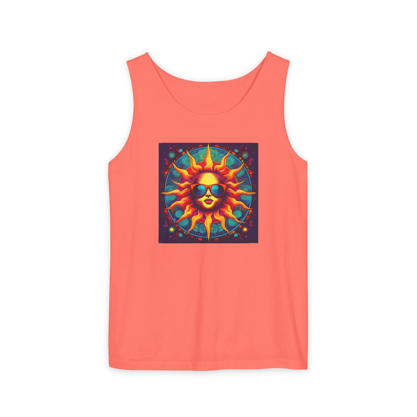 Sun-Inspired Unisex Garment-Dyed Tank Top, Boho Summer Shirt, Festival Wear, Sunscreen Beach Top, Yoga & Meditation Apparel