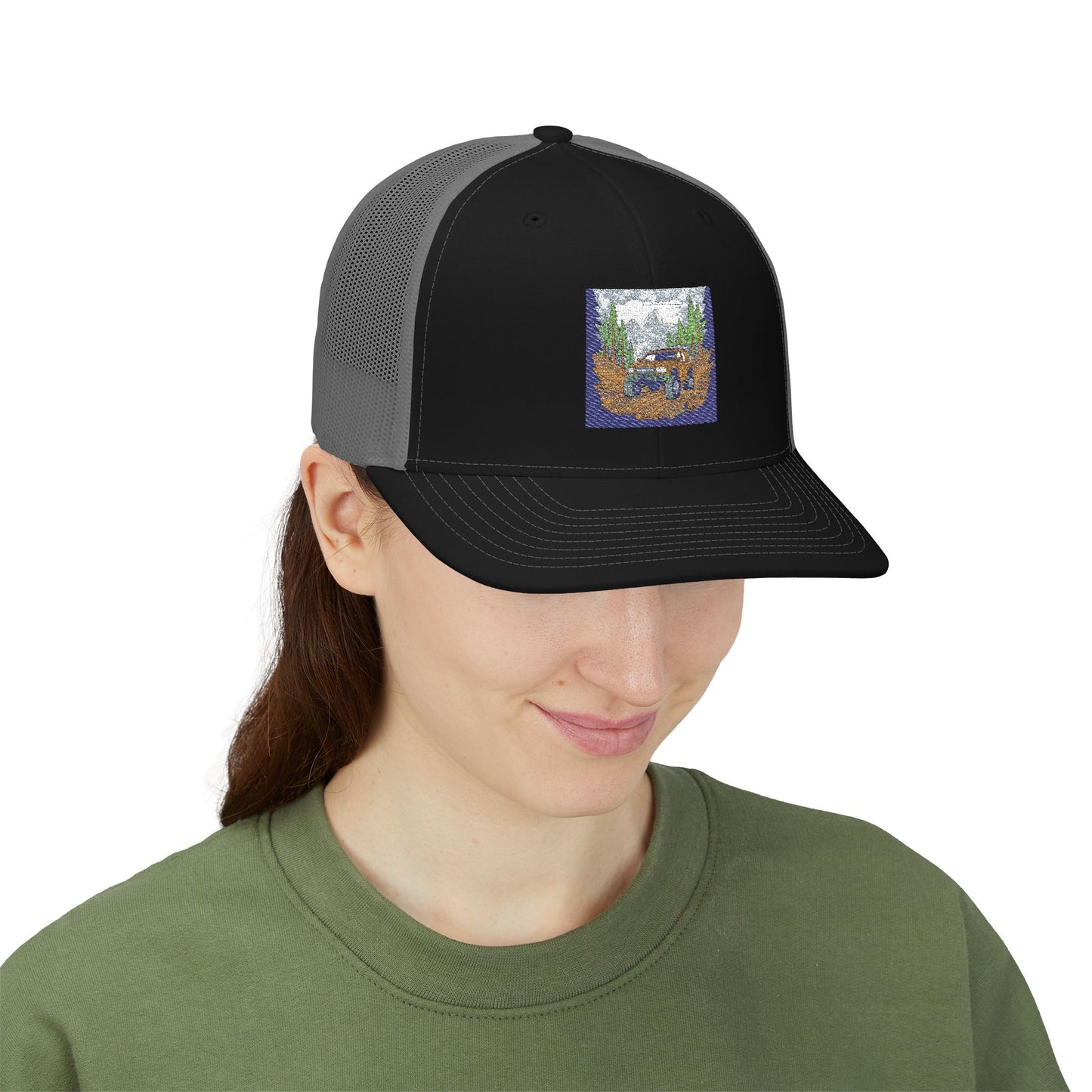 Red ORV Adventure-Themed Snapback Trucker Cap with Embroidered Design