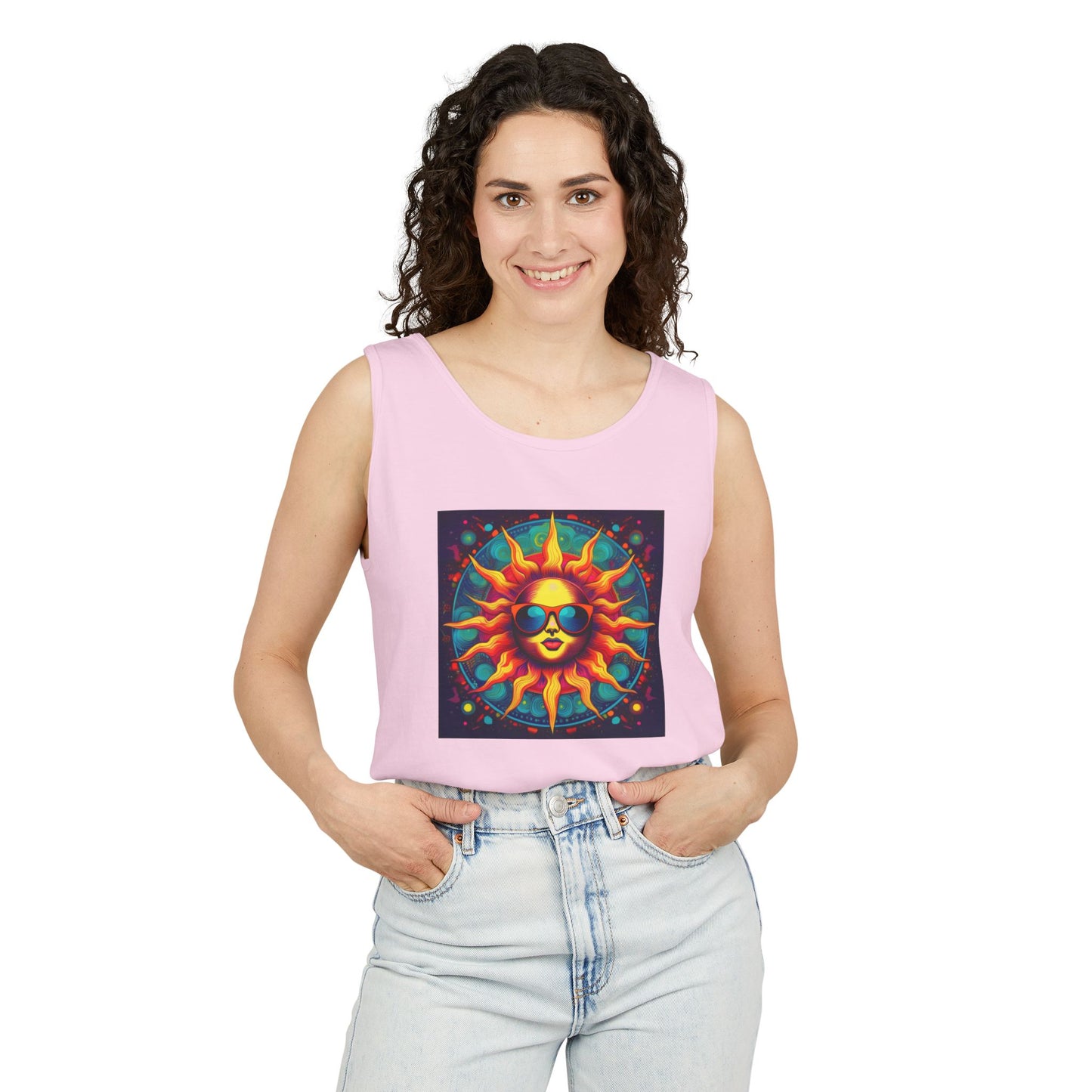 Sun-Inspired Unisex Garment-Dyed Tank Top, Boho Summer Shirt, Festival Wear, Sunscreen Beach Top, Yoga & Meditation Apparel