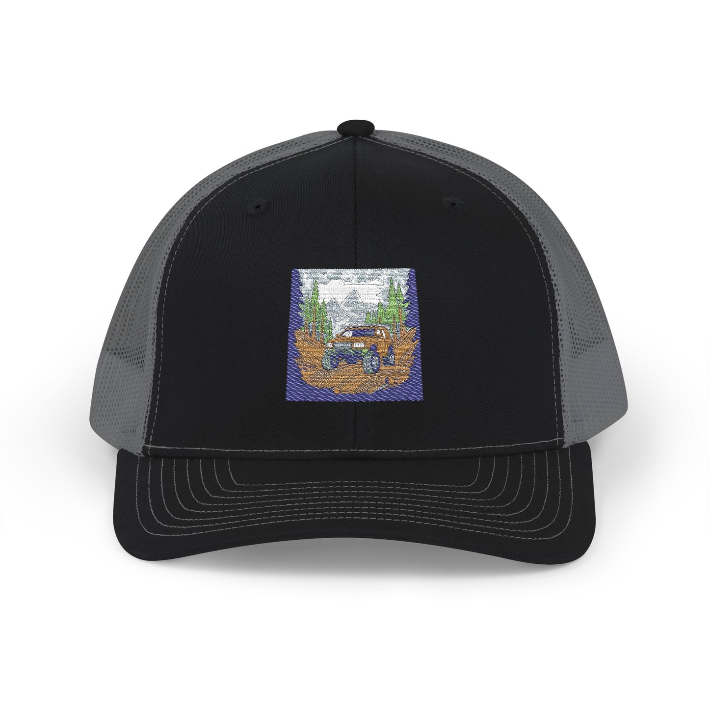 Red ORV Adventure-Themed Snapback Trucker Cap with Embroidered Design