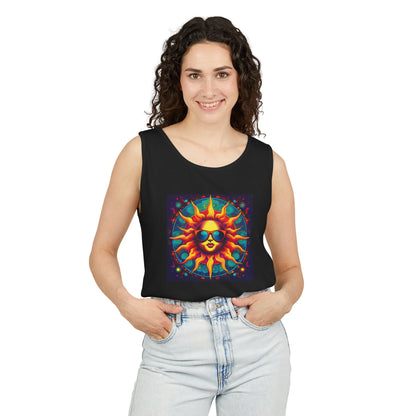 Sun-Inspired Unisex Garment-Dyed Tank Top, Boho Summer Shirt, Festival Wear, Sunscreen Beach Top, Yoga & Meditation Apparel