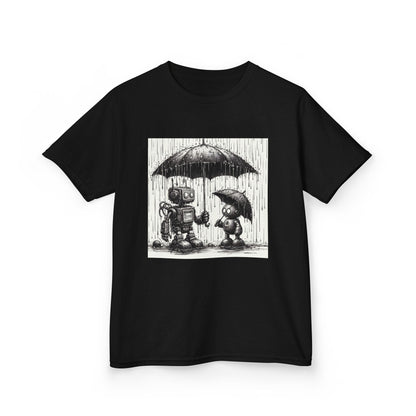 Kids Tee, Cute Robot in Rainy Day, Children's T-Shirt, Fun Kids Shirt, Playful Youth Apparel, Robot Graphic Tee