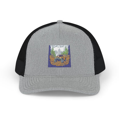 Red ORV Adventure-Themed Snapback Trucker Cap with Embroidered Design