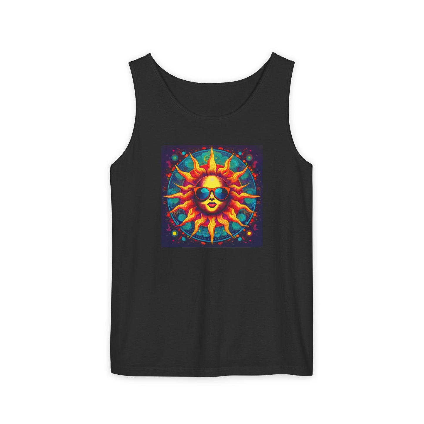 Sun-Inspired Unisex Garment-Dyed Tank Top, Boho Summer Shirt, Festival Wear, Sunscreen Beach Top, Yoga & Meditation Apparel