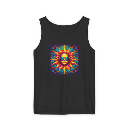 Sun-Inspired Unisex Garment-Dyed Tank Top, Boho Summer Shirt, Festival Wear, Sunscreen Beach Top, Yoga & Meditation Apparel