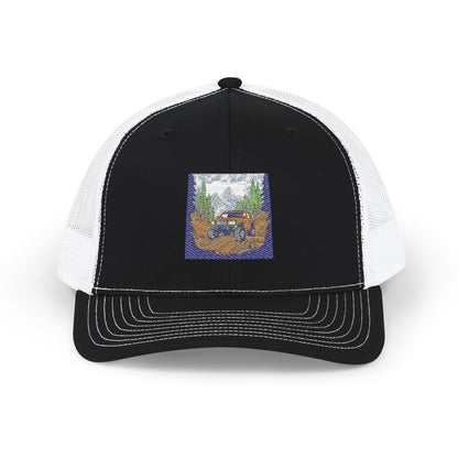 Red ORV Adventure-Themed Snapback Trucker Cap with Embroidered Design