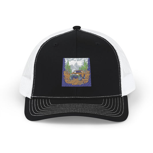 Red ORV Adventure-Themed Snapback Trucker Cap with Embroidered Design