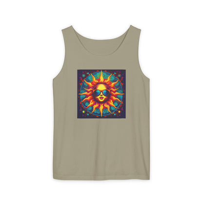 Sun-Inspired Unisex Garment-Dyed Tank Top, Boho Summer Shirt, Festival Wear, Sunscreen Beach Top, Yoga & Meditation Apparel