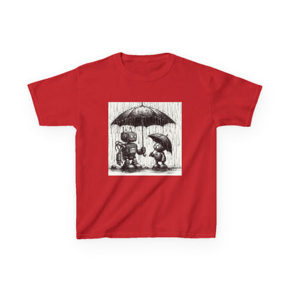 Kids Tee, Cute Robot in Rainy Day, Children's T-Shirt, Fun Kids Shirt, Playful Youth Apparel, Robot Graphic Tee