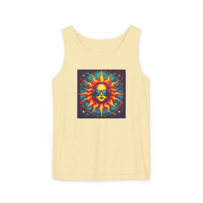 Sun-Inspired Unisex Garment-Dyed Tank Top, Boho Summer Shirt, Festival Wear, Sunscreen Beach Top, Yoga & Meditation Apparel
